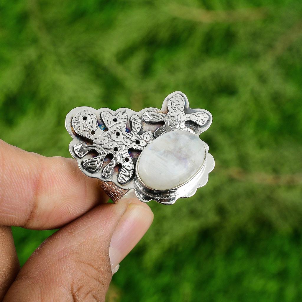 Womens Day Deal Natural Rainbow Moonstone 925 Sterling Silver Promise Boho Ring