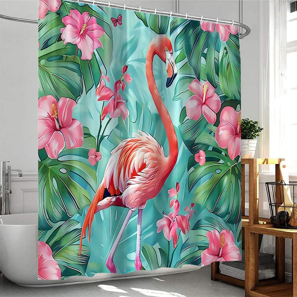 Tropical Pink Flamingo Shower Curtains Watercolor Flamingos Green Leafves Plant Polyester Fabric Bath Curtain Bathroom Decor Set