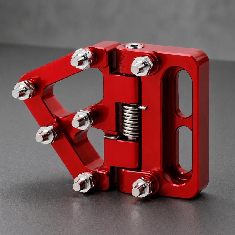 Metal-Pin Motorcycle Brake Toe Tip with Pivoting Spring Hinge, Aluminum Body, and an Elongated Slotted Attachment Section