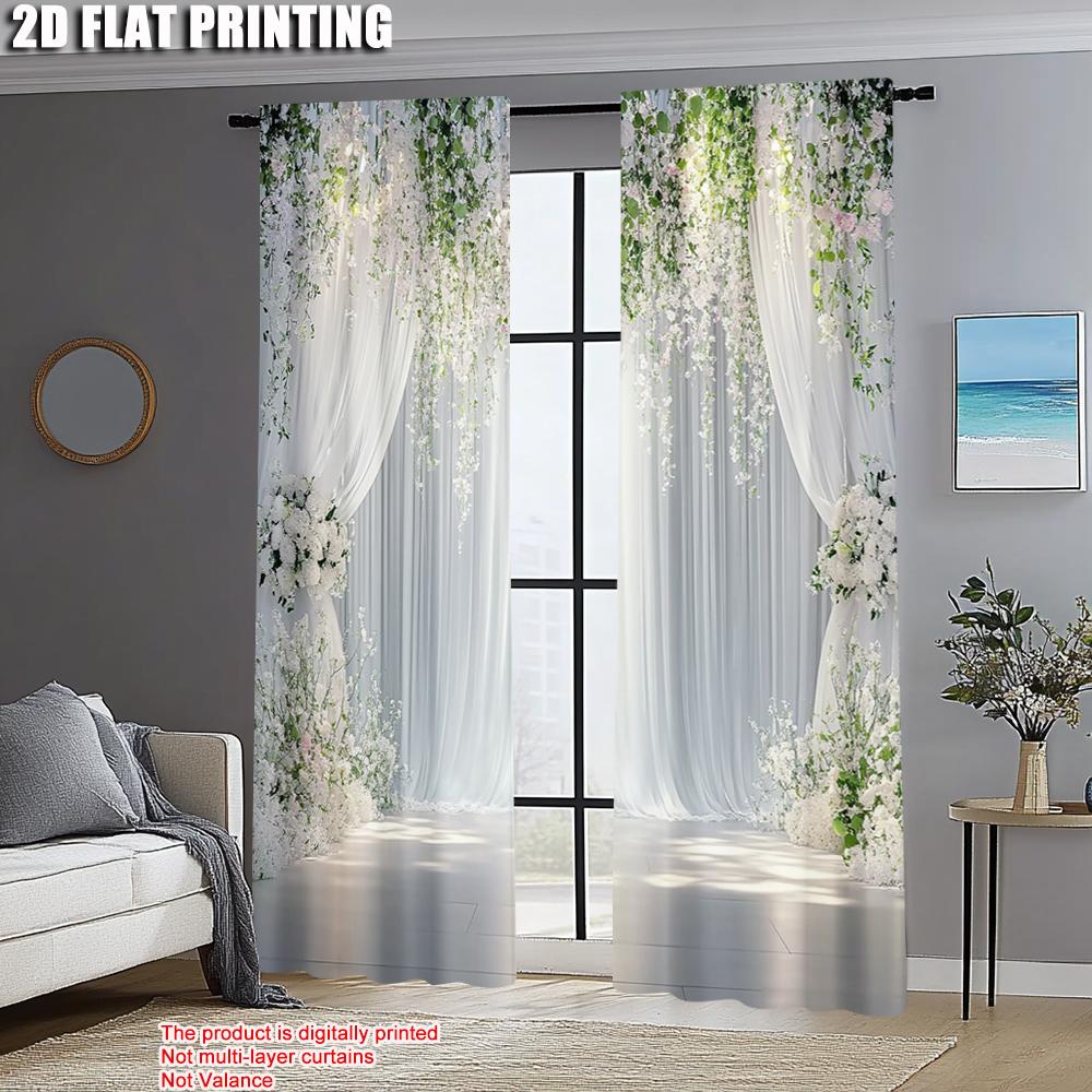 2pcs, Light Filtering Curtains 2D Print Floral Rose Retro White Versatile Durable Polyester (without Rod) All Seasons Perfect