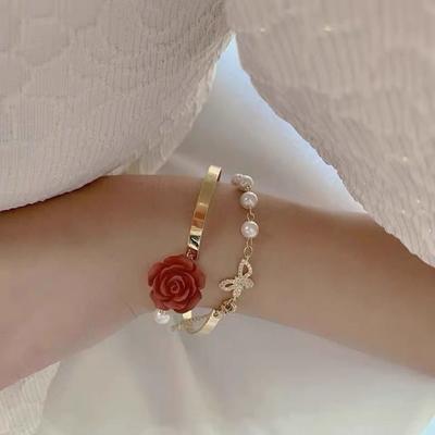 Women Bracelet Rose Flower Charm Electroplating No Fading Bow Ornament Faux Pearl Decoration Adjustable
