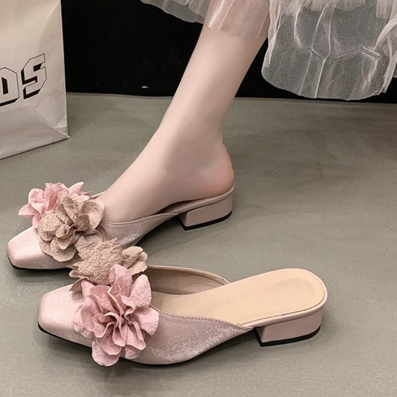 Fashion Flower High Heeled Sandals Designer Women Slippers Mules Shoes Elegant Square Toe Summer 2025 Dress Pumps Trend Chunky Mujer