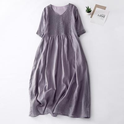Vintage Design Sense Organ Pleated Dress Literary Solid Color V-neck Cool Slimming Long Dress Woman