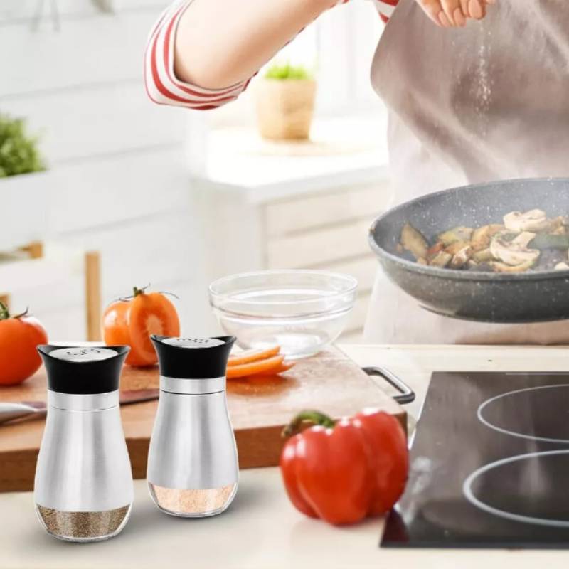 Modern Kitchen Spice Jar Set With Glass And Stainless Steel For Home Cooking And Bbq
