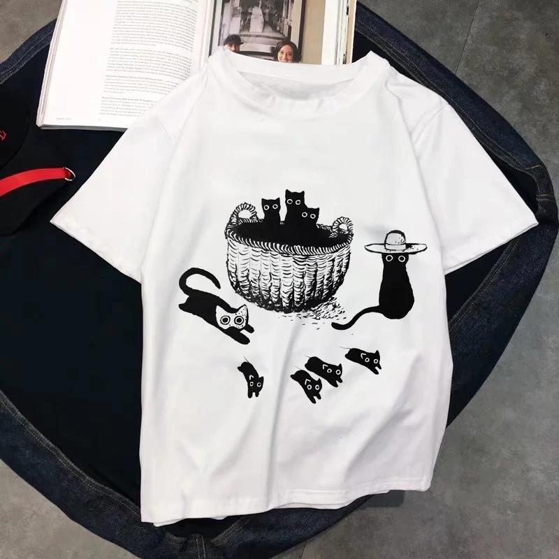 Kawaii T Shirts Women Cat New Tops Female Tshirt Loose Tshirt Summer Tee White Tshirts Round Neck Oversized T Shirt