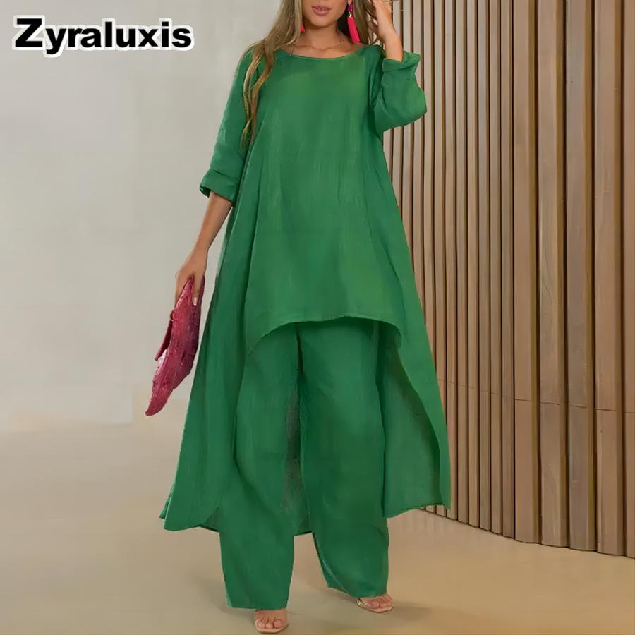 Moda Donna Casual Taglie Forti Set Irregolare Manica Lunga Pantaloni a Gamba Larga Completo Due Pezzi