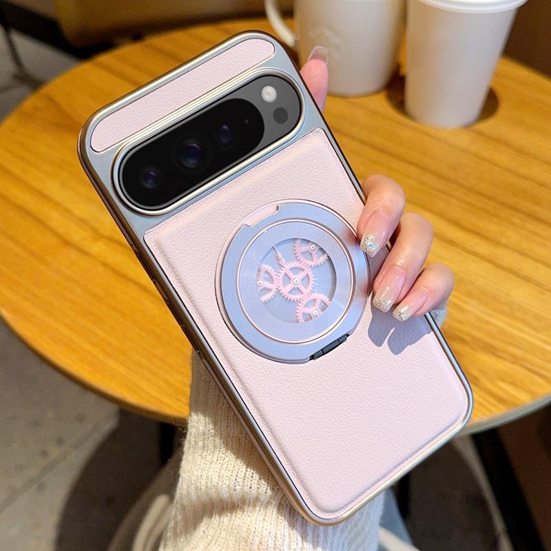 For Google Pixel 9 Pro XL Magnetic Case Rotating Kickstand Gear Stress Relief Leather Phone Back Cover