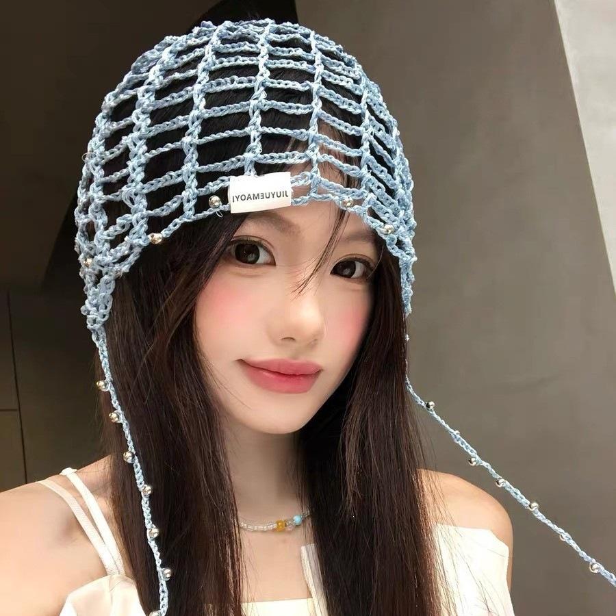 Pearl hollowed-out handmade crochet headgear female summer fringed sweet pullover hat showing face small knitted cold hat