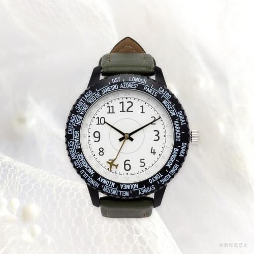 Fieldwork Women's Analog Watch with Leather Strap, Rotating Bezel, and World Time Function, Khaki, Wald YM125-3