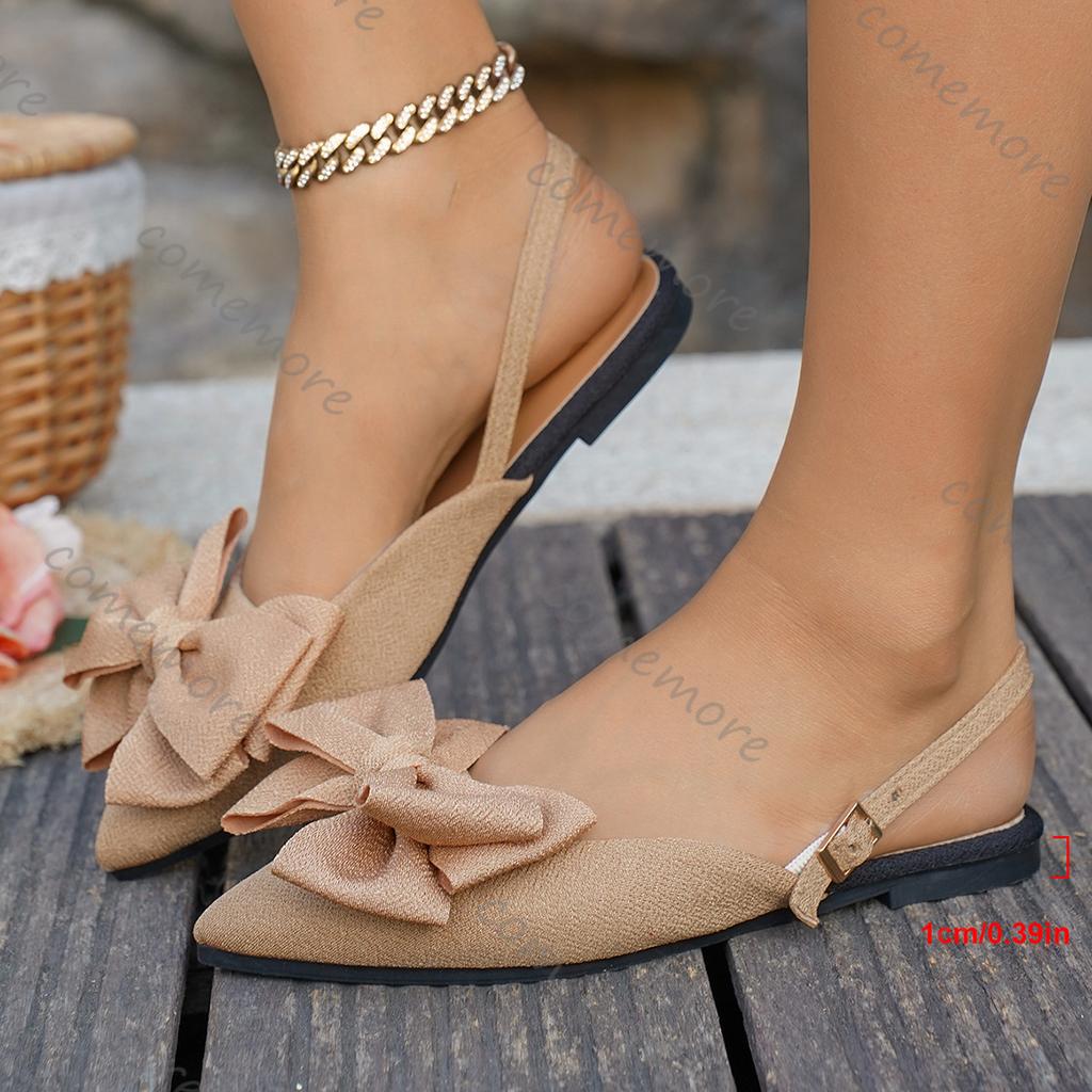 Fashion Comemore Summer Flat Bow Baotou Sandals 2025 Summer New Large Size Pointed Toe Back Empty Casual Women Shoes Solid Suede Sandal