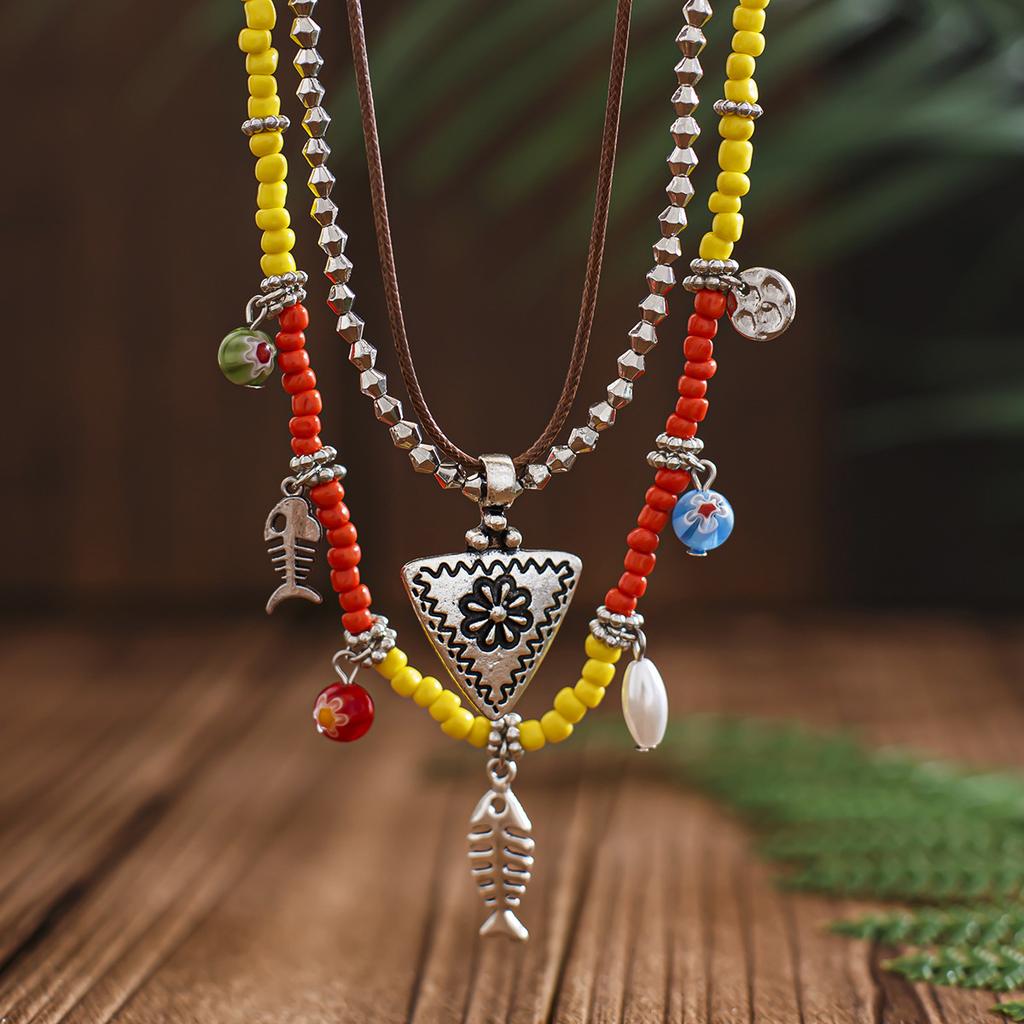 Bohemian Color Rice Beads Beaded Necklace Ethnic Style Fish Bone Flower Triangle Hang Tag Item Jewelry