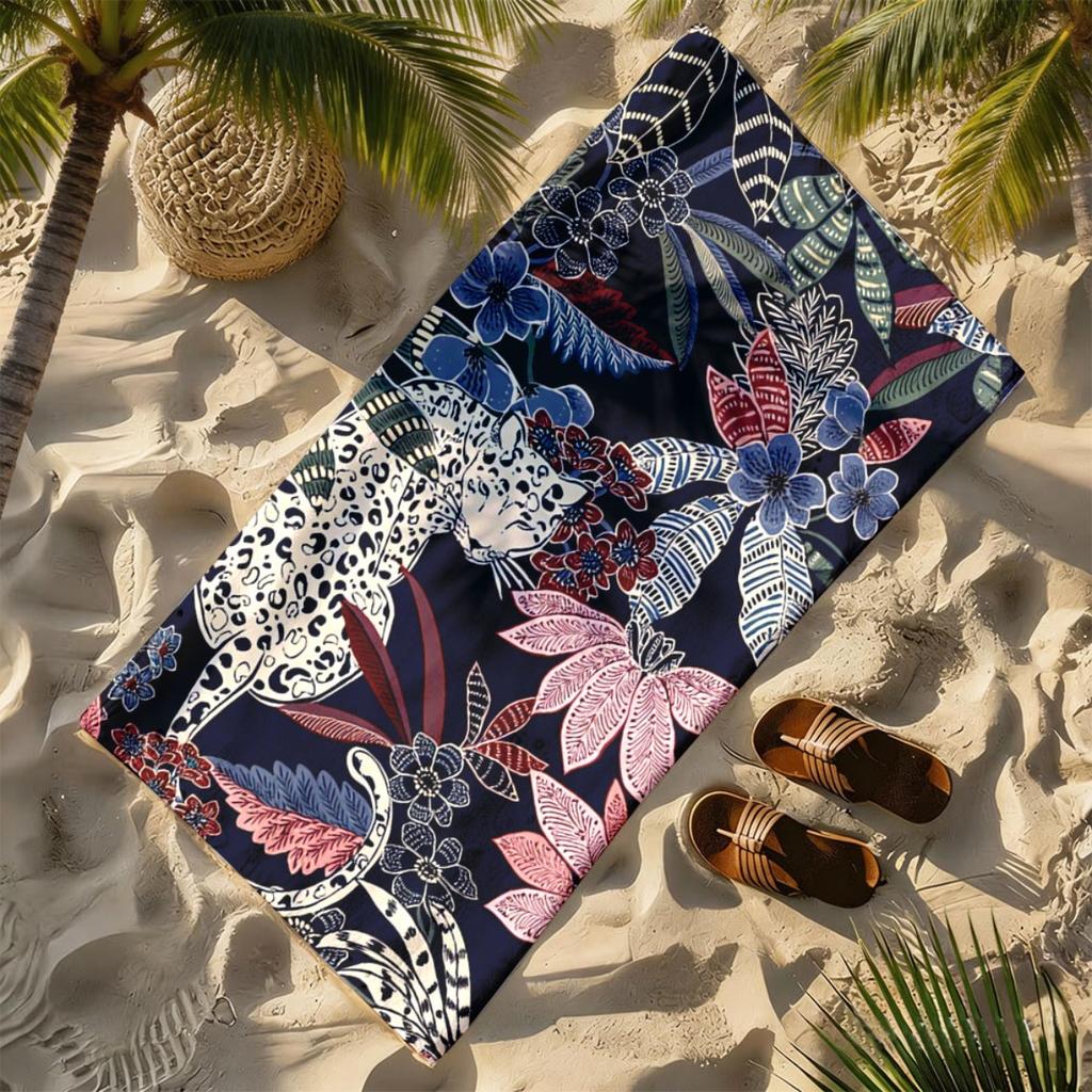 Dark Night Jungle Cheetah polyester microfiber beach towel is highly absorbent, suitable for swimming and beach outings
