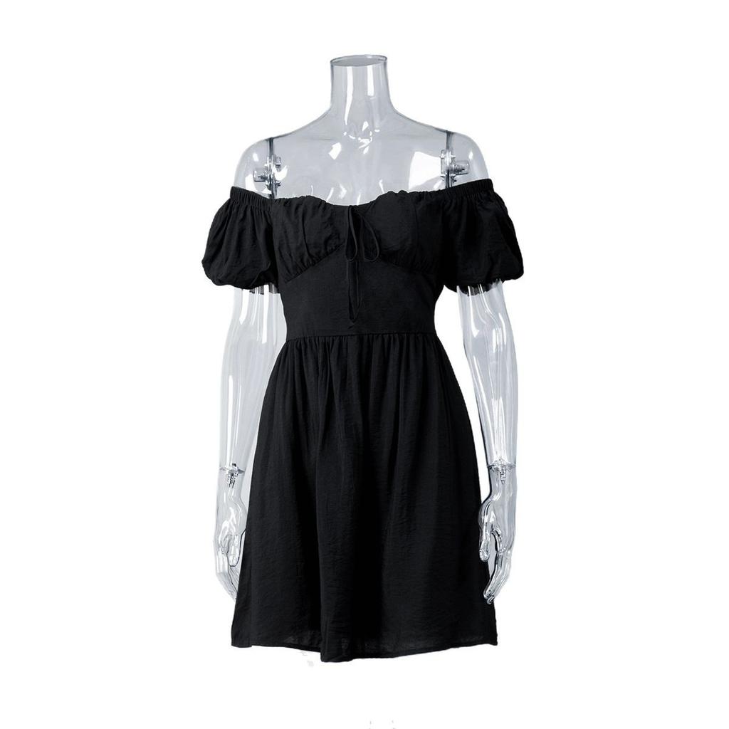 One-word shoulder short-sleeved dress, European and American summer new lace-up waist short skirt, bubble sleeve dress