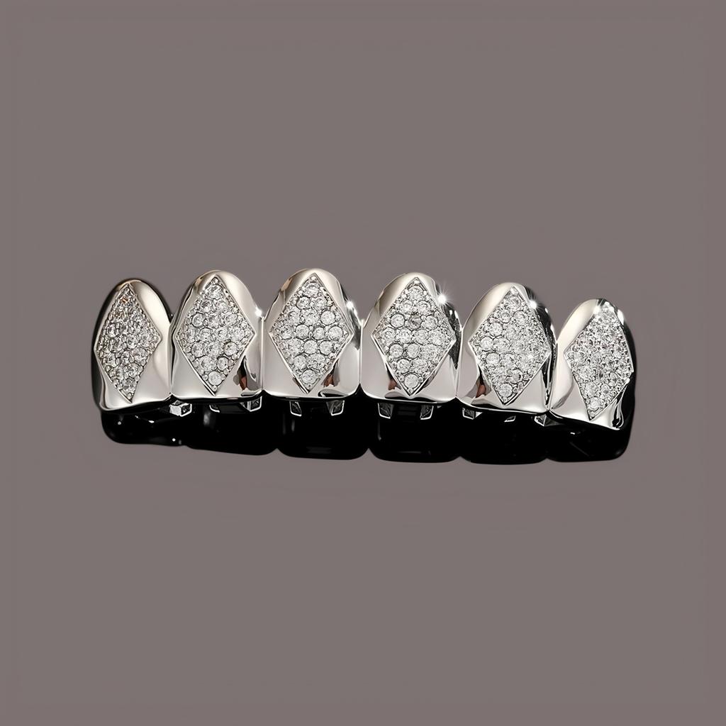 Hot-selling 18K Gold-plated Tungsten Hip-hop Grillz Cross-border Trade Europe America Unisex Antique-style Rhombus-shaped Zircon