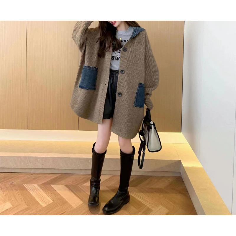 Women S Loose Hooded Long Casual Knit Cardigan Spliced Sweater