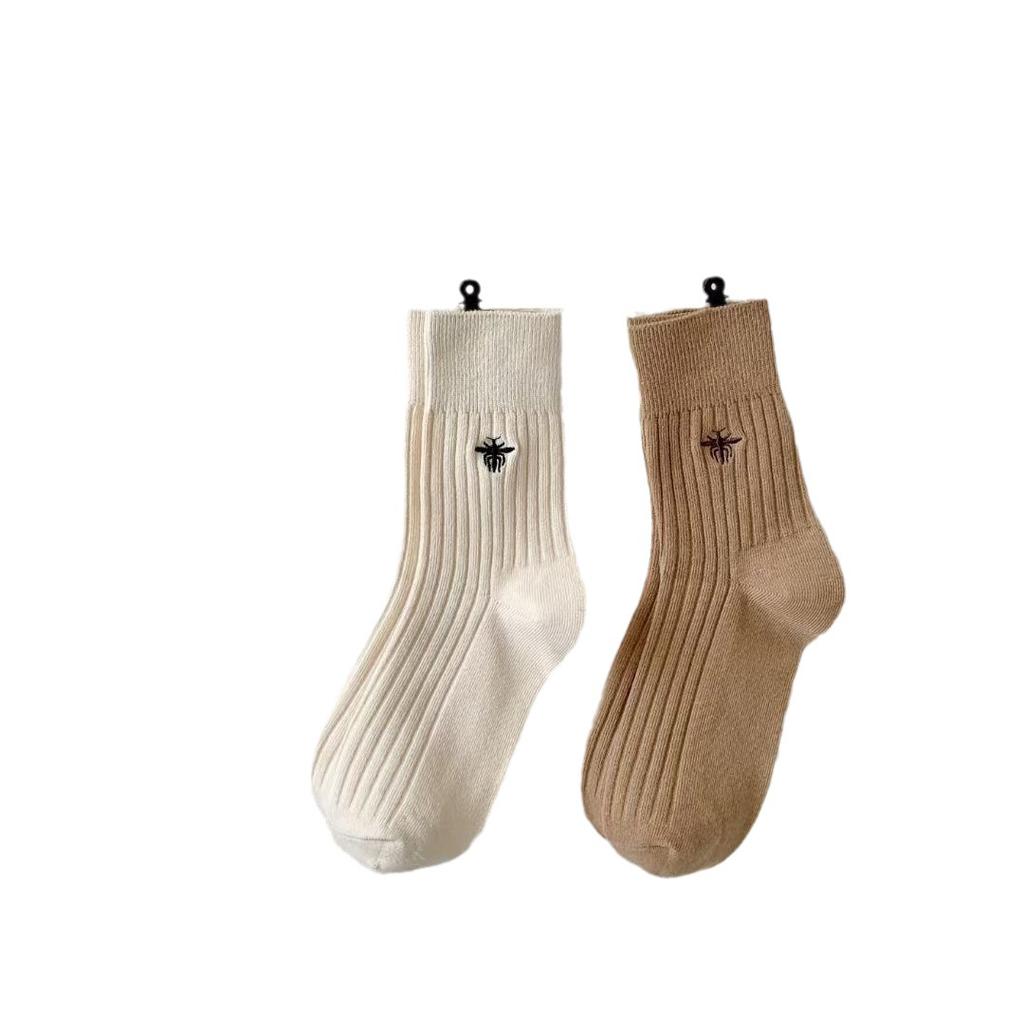 Embroidered Bee Socks Mid-Tube Socks Catwalk The Same Trendy Solid Color Cotton Socks Vertical Striped Double Needle Socks