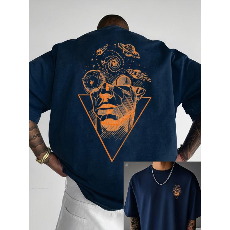 Men's summer 100% pure cotton casual loose creative pattern front and back printed sports round neck short sleeved T-shirt top