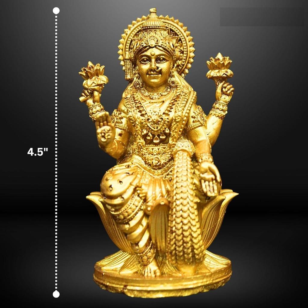 Goddess Lakshmi Laxmi Devi MATA Idol - 4.5 Inches Polystone Material Murti - Colour - Brass, Silver – Perfect Statue for Car Dashboard