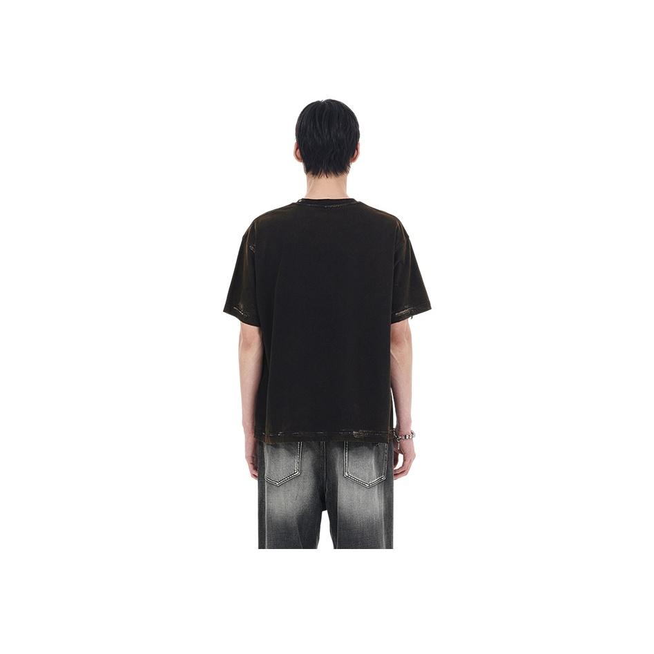 WE11DONE Ribbed Round Neck Drop Shoulder Distressed Short Sleeve T-Shirt Unisex Tops WD-TT0-25-770-U-BK