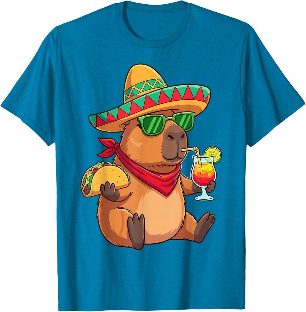Capybara Sombrero Taco Drink Summer Fiesta Graphic Tee Shirt Casual Breathable Men