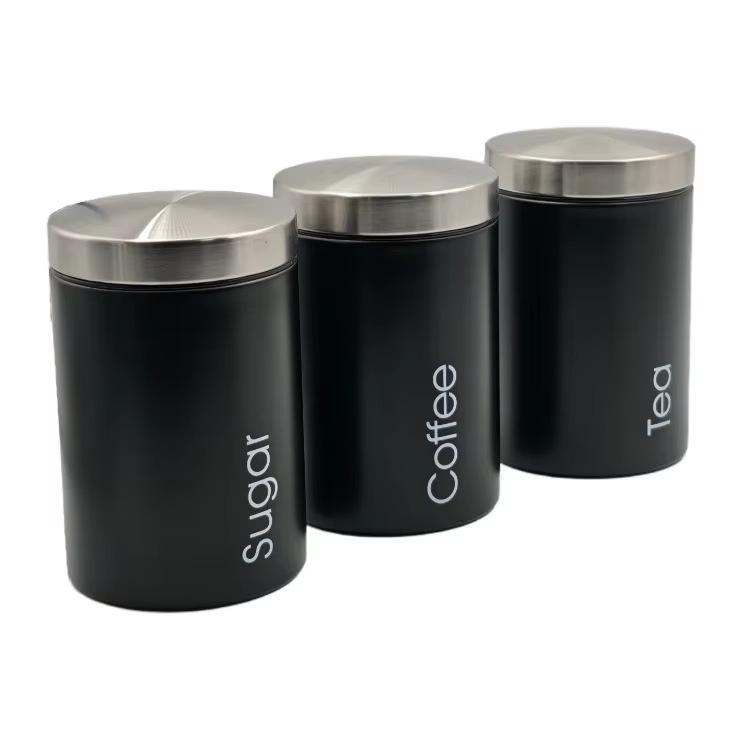 

Black three-piece metal food storage tank sugar coffee beans spice storage kitchen