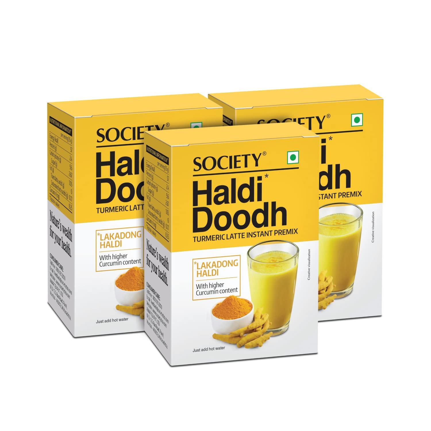 

Society Tea Instant Haldi Doodh Turmeric Milk Drink Lakadong Turmeric Sachets Easy Mix Beverage (75 g 15g X 5 sachets) X Pack Of 3