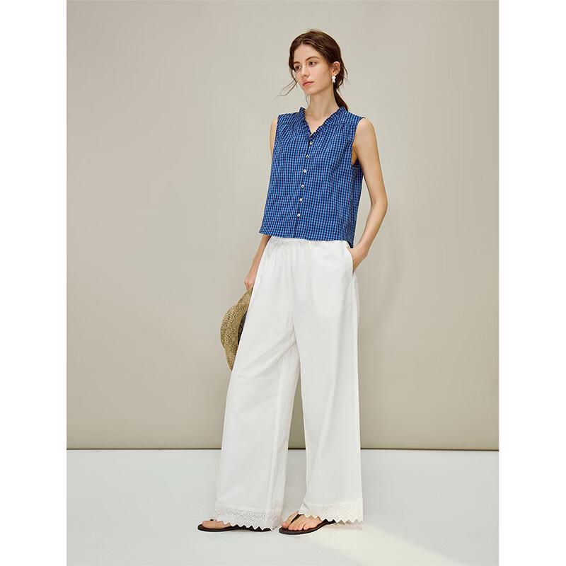 INMAN Women's Retro Plaid Ruffle Sleeveless V-Neck Top