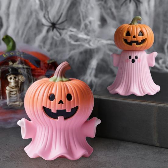 Halloween Statue Pumpkin Ghost Shape Figurine Pink Resin Statue Handheld Halloween Tabletop Decoration