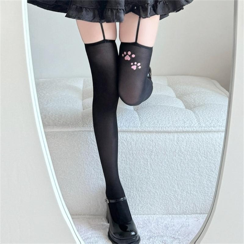 Elastic Waistband Cats Paws Pattern Sheer Pantyhose Breathable Nylon Stockings For Daily Outfits