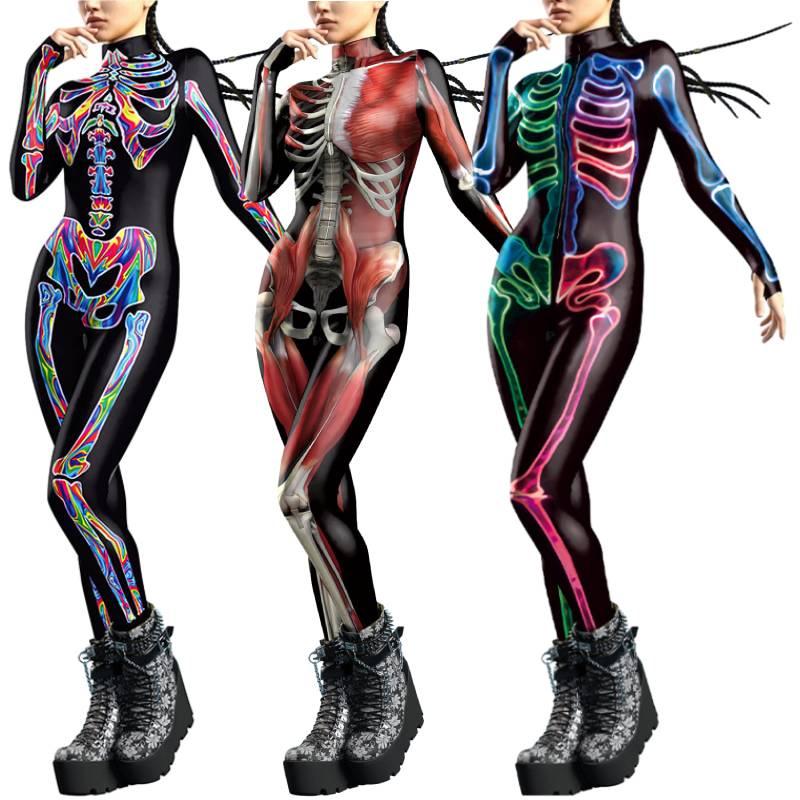 Colorful Skeleton Bodysuit For Halloween Unique Digital Print Jumpsuit