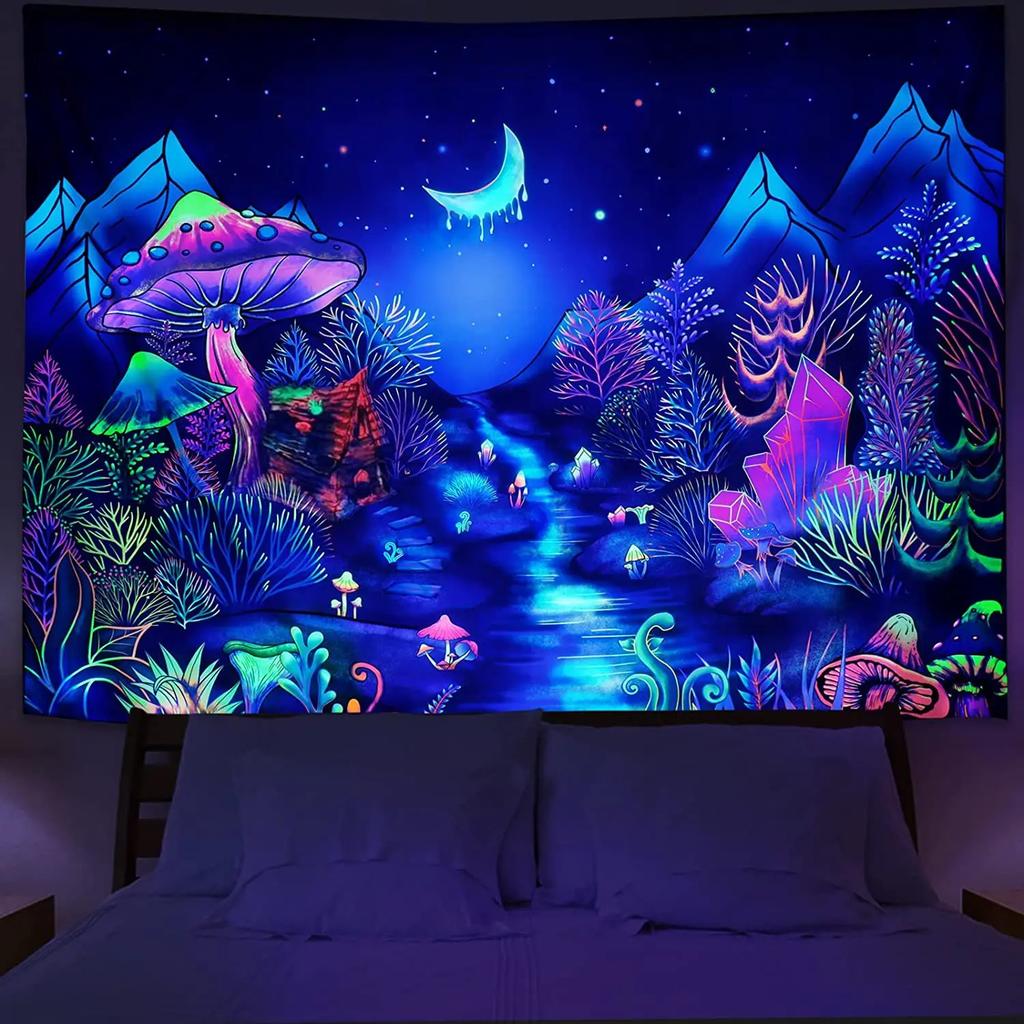 Arazzo Artistico Luce Nera Sfondo UV Gufo Fungo Psichedelico Appeso a Parete Hippie Tutto Arredo Camera da Letto Dormitorio Stanza Privata