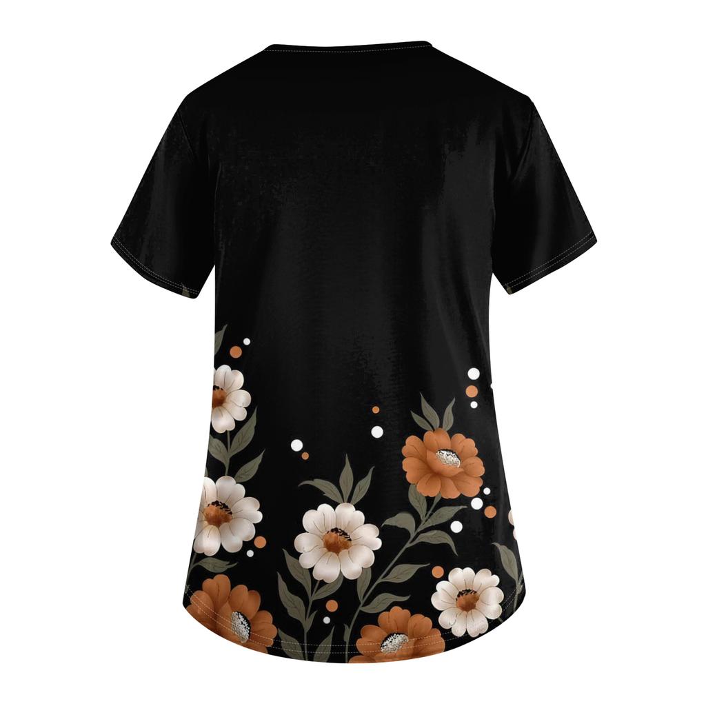 Damen V-Ausschnitt Cartoon-Print Kurzarm Tasche Seitenschlitz Schutzkleidung Oberteil