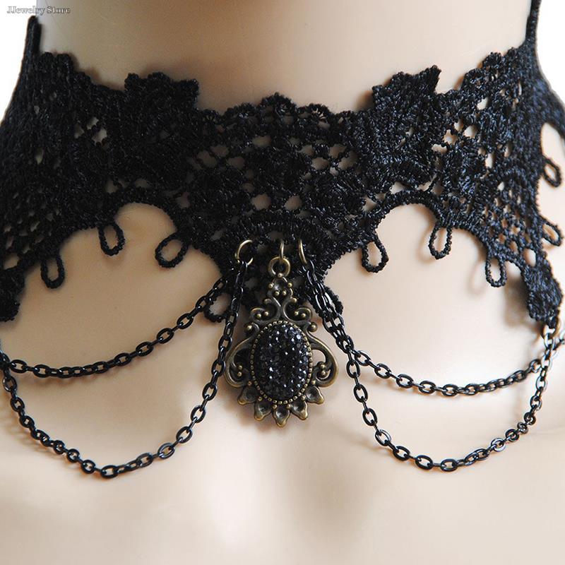 1pc Gothic Chokers Black Lace Flowers Sexy Lace Neck Choker Necklace Vintage Tassel Chain Women Steampunk Halloween Jewelry