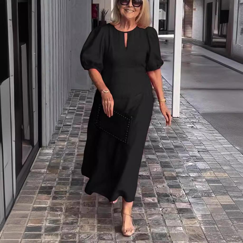 Damen Frühlings-Sommer Einfarbig Locker Sitzend Bequem Lässig Rundhals Pullover-Stil Kleid mit Puffärmeln