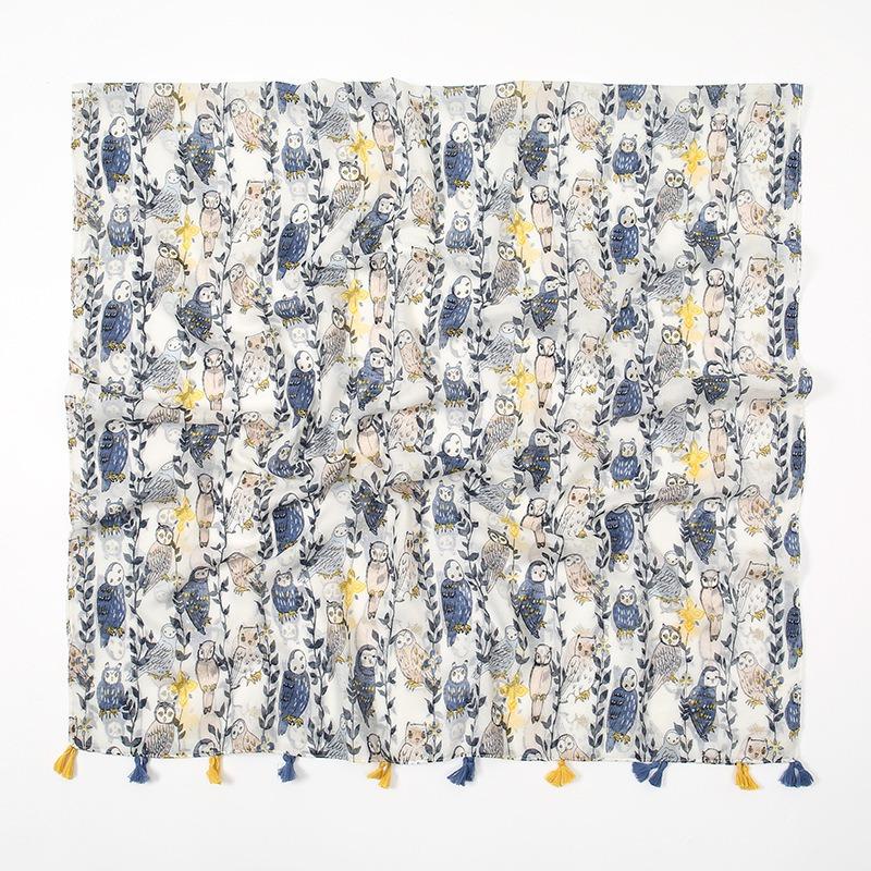Spring and Summer New Cute Owl Beard Tassel Thin Scarf Women's Travel Cotton and Linen Feel Shawl