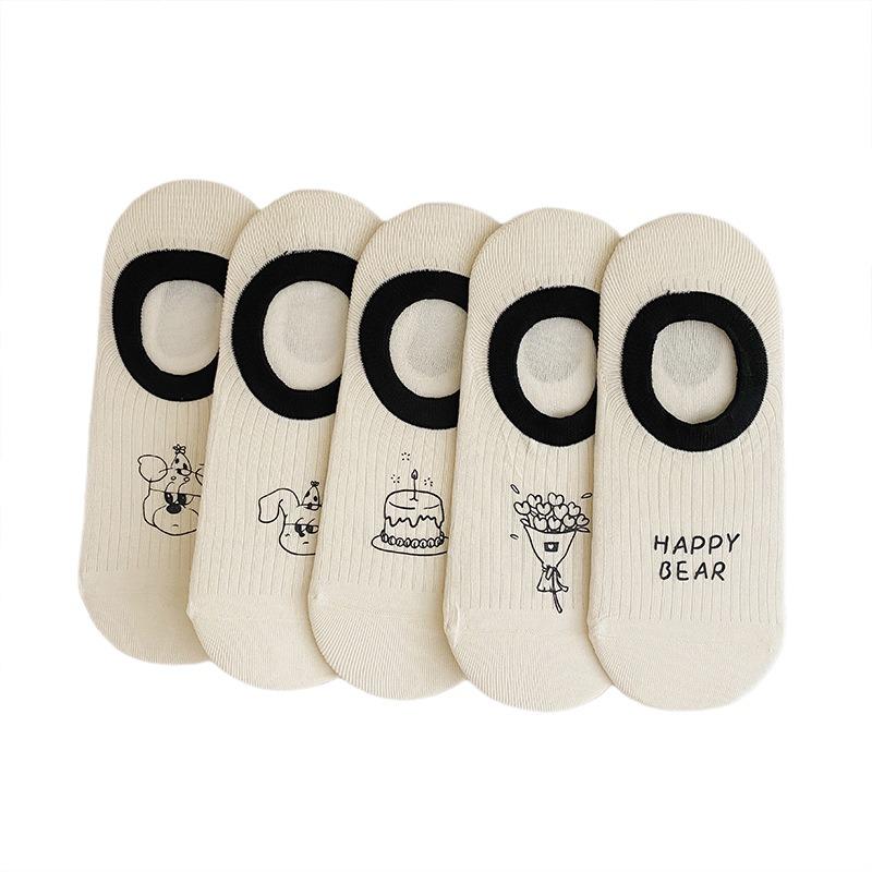 Summer Thin Boat Socks for Women, Cotton Socks, Breathable Short Socks, Summer Cartoon, Shallow Mouth, Non-dropping and Invisible Socks
