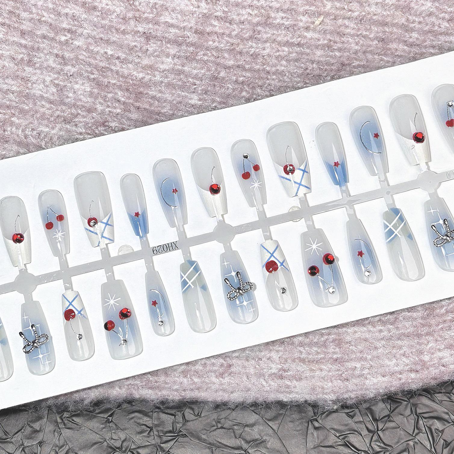 

2025 Spring/Summer Blue Ombre Cherry Bow & Star Rhinestone Wearable Nail Patches