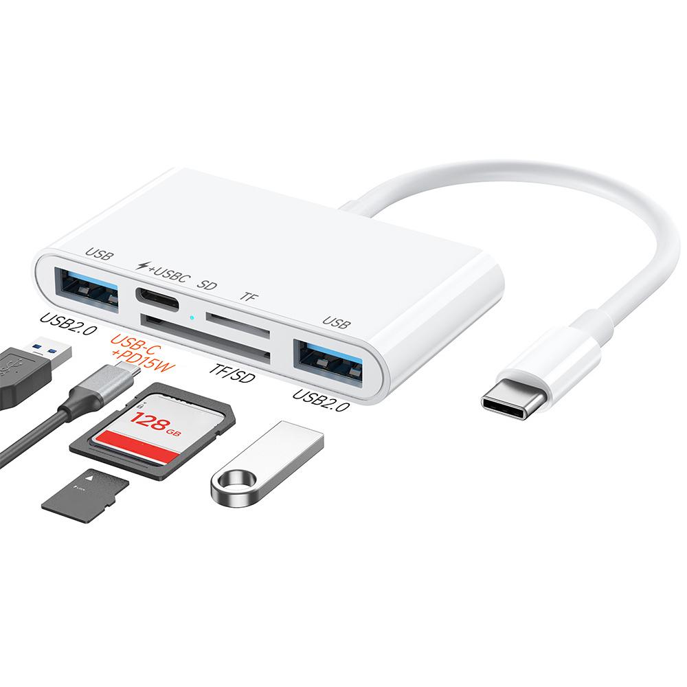 5 in 1 Type-C OTG Adapter USB-C to 2x USB 2.0, 1x USB-C PD 15W/SD TF Card Reader for iPhone/MacBook/USB C Devices