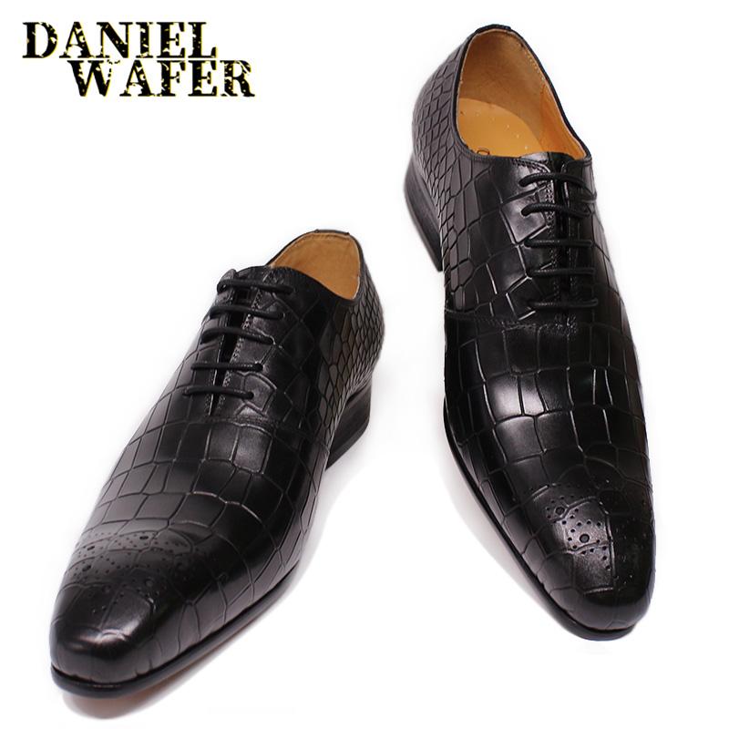 Mode Herren Luxusmarken Schuhe Echtes Leder Schwarz Rot Krokodilmuster Schnürschuhe Spitzzehe Büro Hochzeit Formelles Kleid Oxford Herrenschuhe