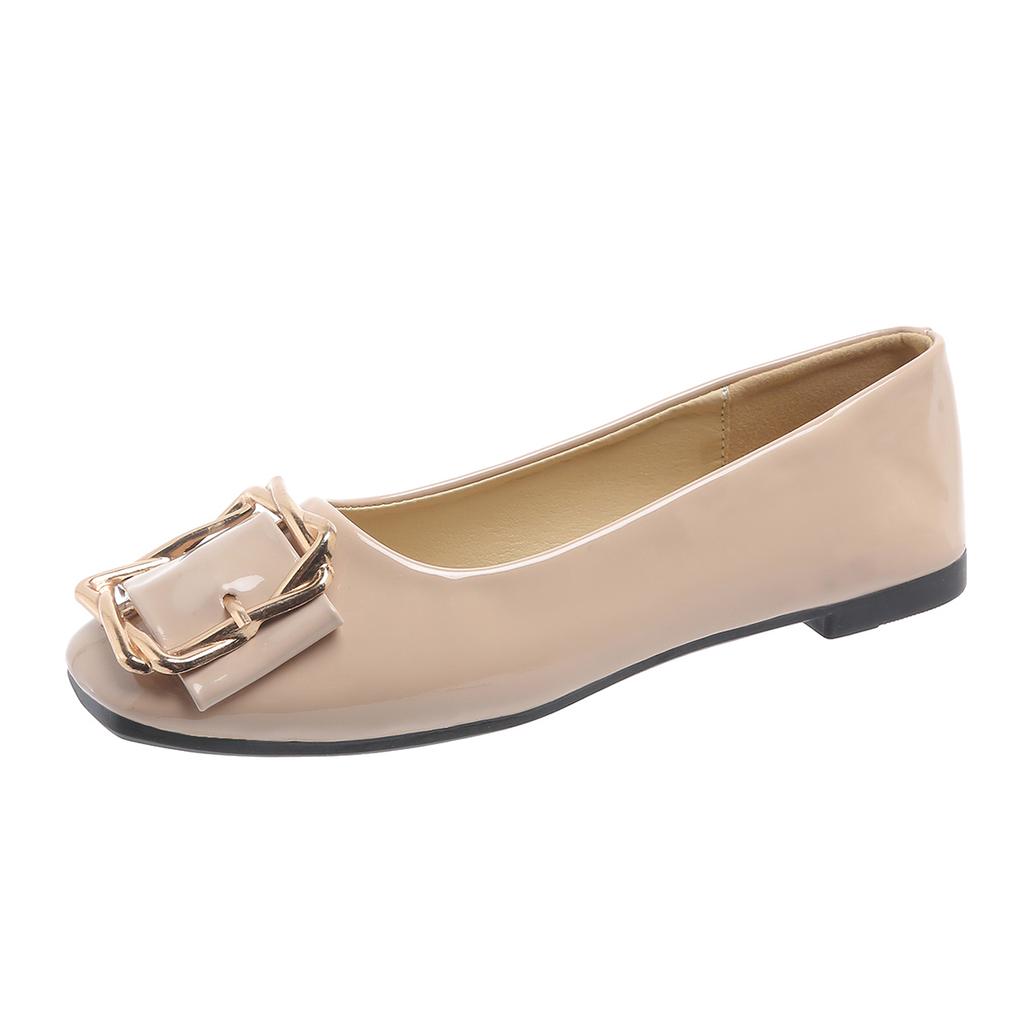 Fashion Women's Fashion Flat Shoes Spring New Square Head Shallow Mouth Metal Buckle Soft Sole Anti-slip Wear-resistant Single Shoes