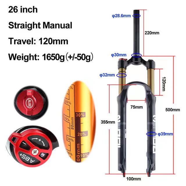 MTB Air Fork Suspension Solo Air Bicycle Front Suspension Plug Stroke 100-120MM 26/27.5/29inch Straight/Tapered Tube Alloy MTB 26 Straight Manual