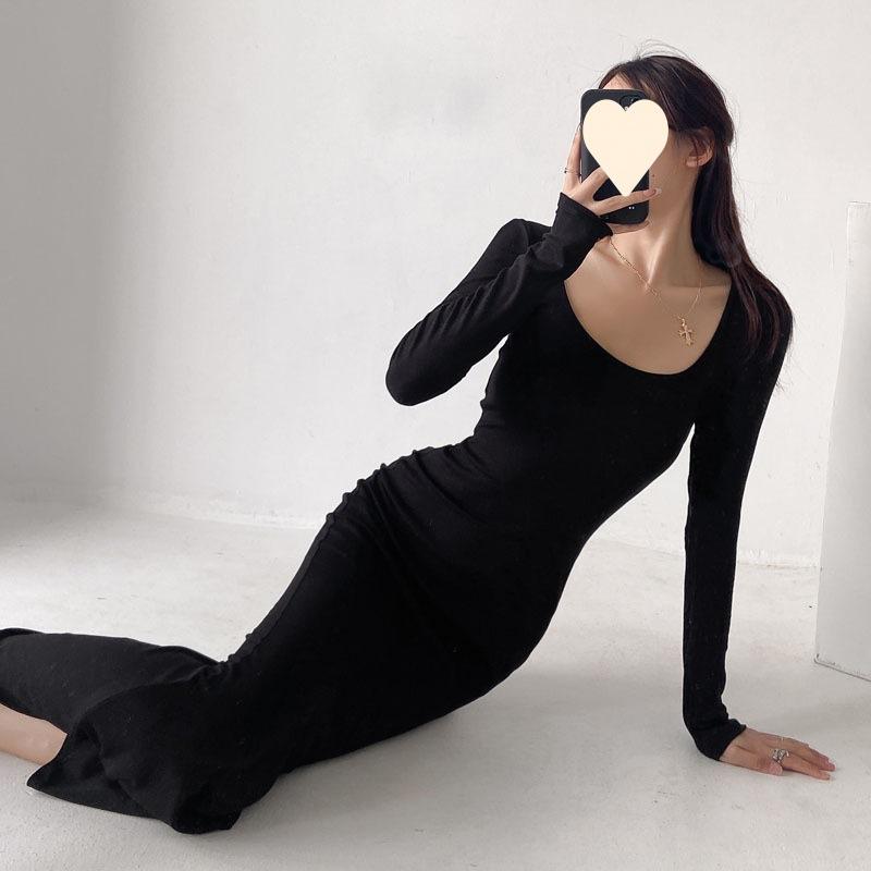 Sexy Long Dress Women's High Waist and Thin Buttocks Fishtail Skirt Chic Autumn Temperament Round Neck New Dress