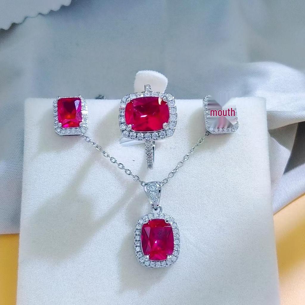 European & American Sapphire-Inspired Jewelry Set: Versatile Necklace, Ring & Earrings Adorned with Full Diamonds for Women.