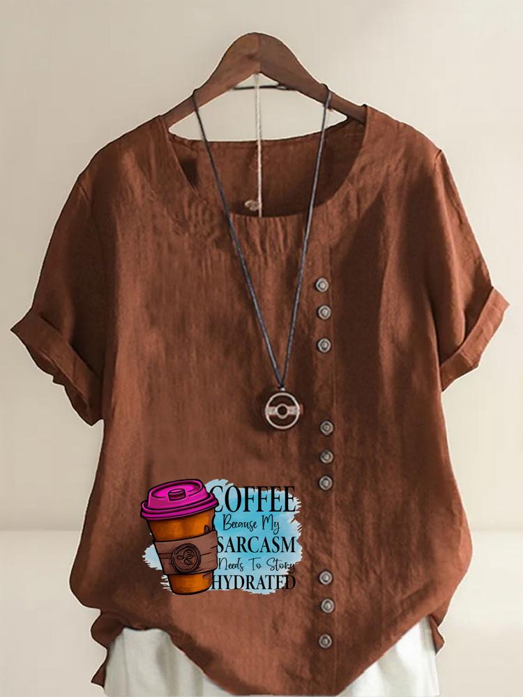 Women's Fashion Coffee Alphabet Print Casual Cotton Linen Short Sleeve Round Neck T-shirt Shirt Leisure Loose Summer Blouse Tops