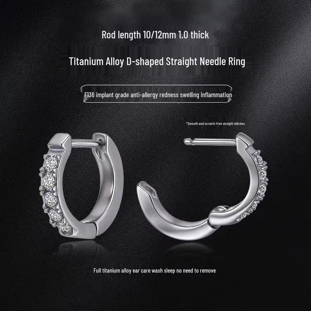 European F136 Titanium D-Shape Zircon Inlaid Earrings for Ear Piercing