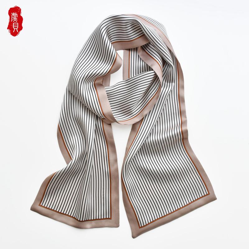 Light Brown Stripe Natural Silk Women Long Scarf Fashion Ribbon Foulard Design Neckerchief Headscarf Bandana Warp Gift for Girls