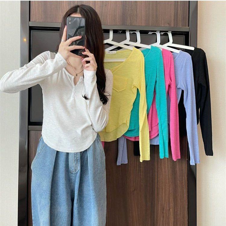 Slim Fit T-shirt Women's Early Autumn Thin Versatile V-neck Slim Short Long Sleeve Inner Base Layer Knit Top