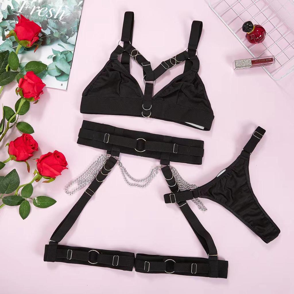 INS Sexy Bondage Three-Piece Lingerie Set with Adjustable Waist Cincher and Leg Ring