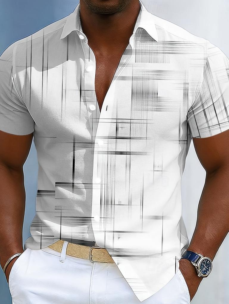2026 Vintage Estate Uomo Camicie a Quadri Geometrici a Griglia Manica Corta Collo a Revers Stampa 3D Camicie Hawaiane per Vacanze Abbigliamento Casual da Uomo