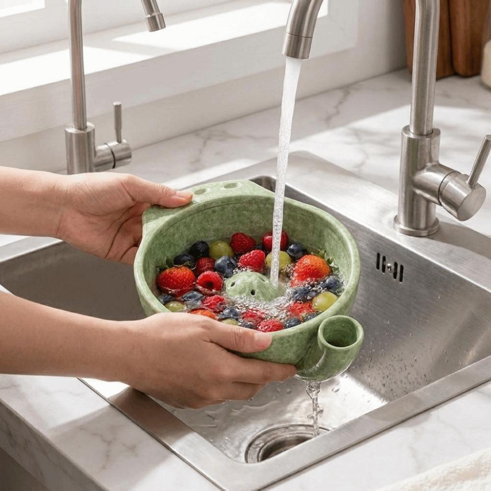 Drainage Hole Ceramic Berry Washing Bowl Self Spinning Self-Rotating Fruit Cleaner Food Cleaning